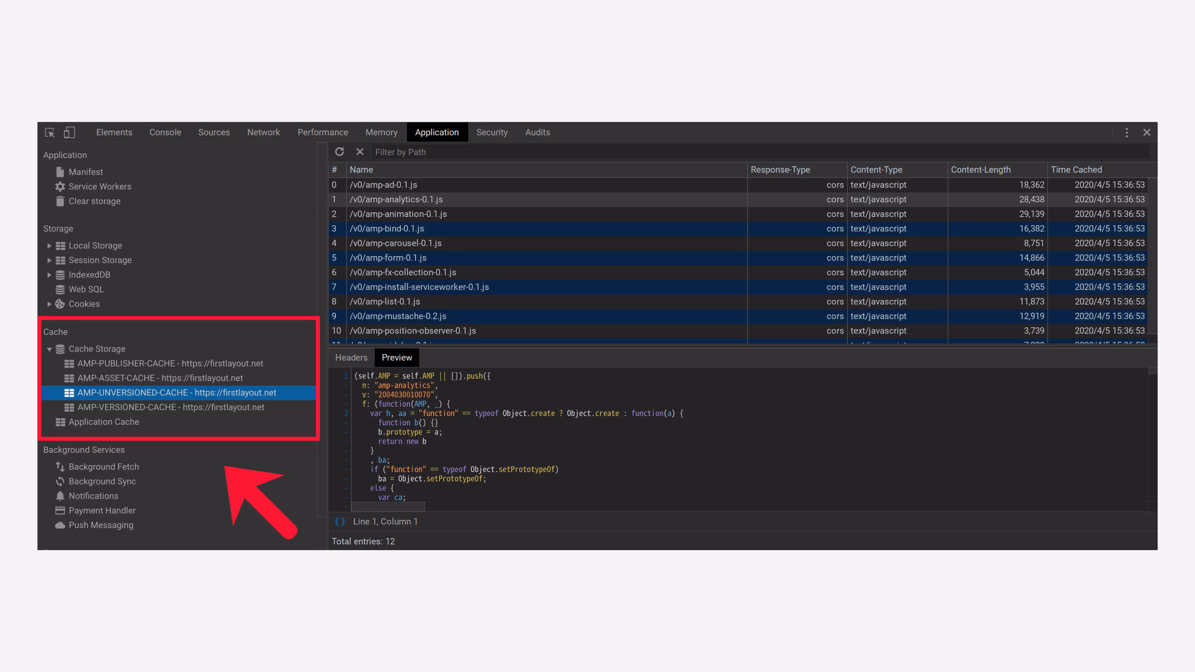 AMP Service Worker の各モジュールは、Chrome デベロッパーツールの Application で確認できます。