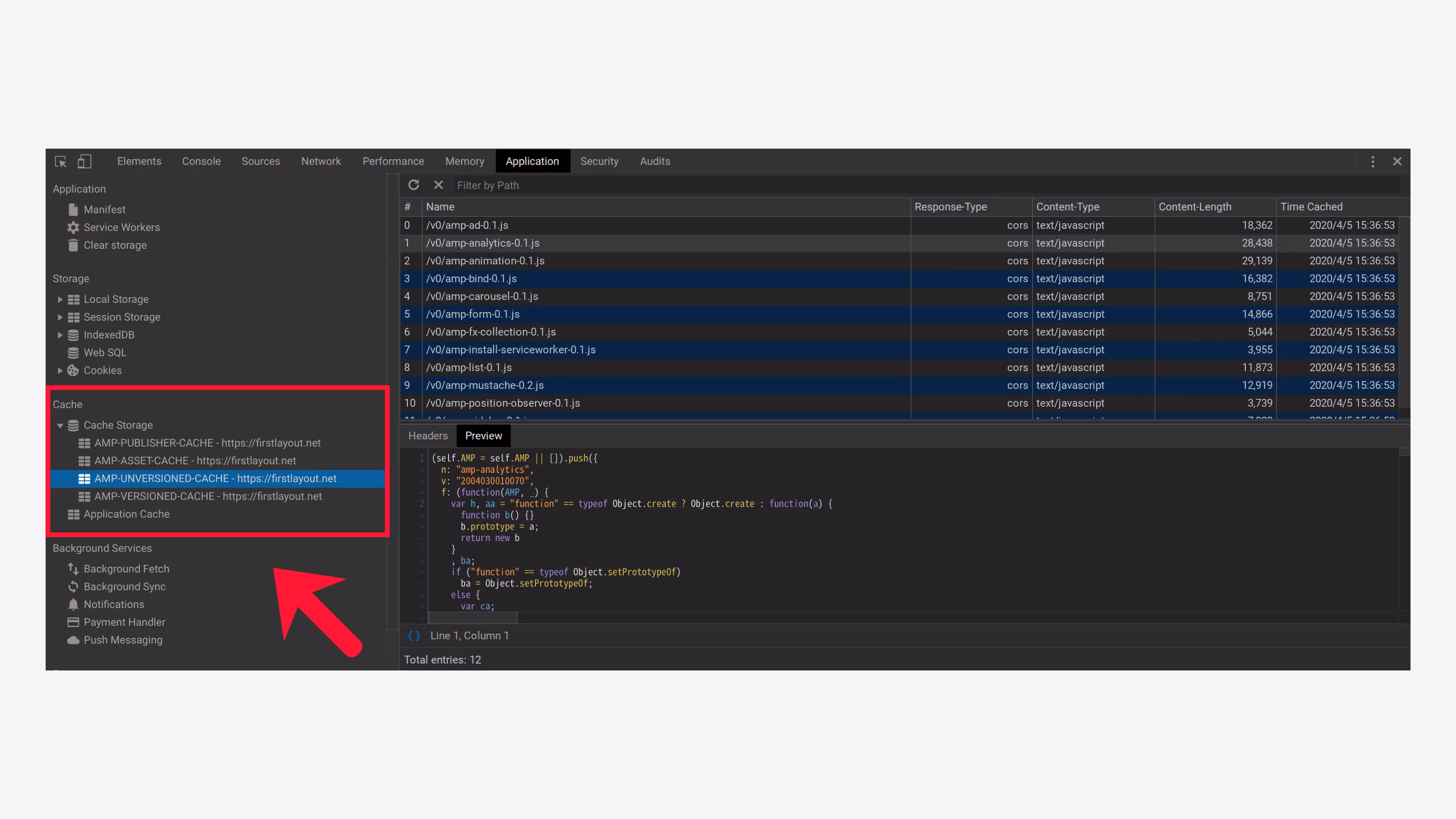AMP Service Worker の各モジュールは、Chrome デベロッパーツールの Application で確認できます。